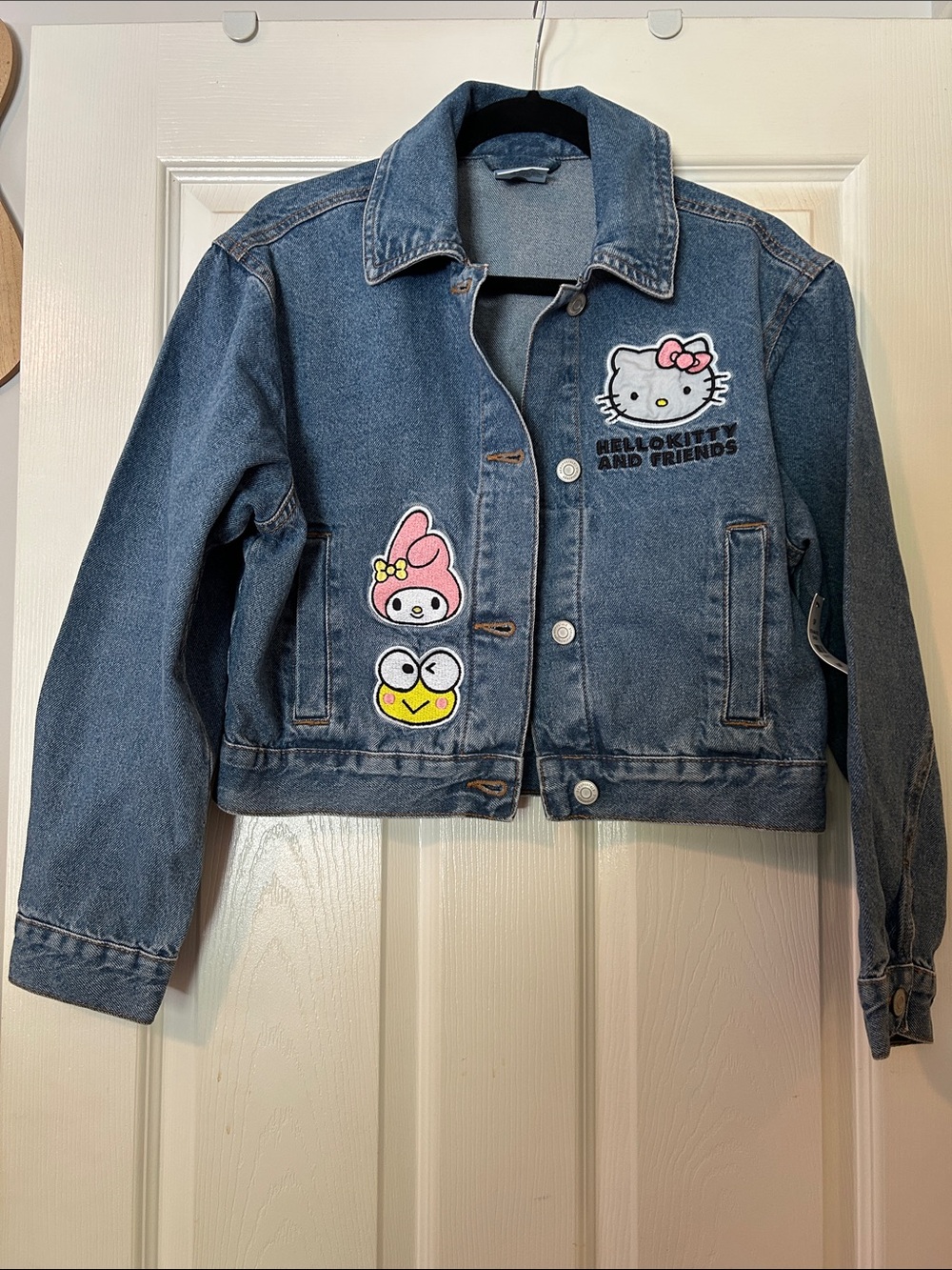 Sanrio Blue Cropped Denim Jacket with Hello Kitty & Friends Patches